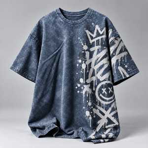 T-shirt noir surdimensionné pour homme, style streetwear, délavé à l'acide, col rond, manches courtes, couleur personnalisable, 220g polyester/coton, séchage rapide - Product Image 4