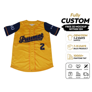 Maillot de baseball personnalisé sublimé Puumat, nom de l'équipe 2, jaune marine, manches courtes, fermeture à boutons, unisexe adulte, évacuation de l'humidité - Product Image 1
