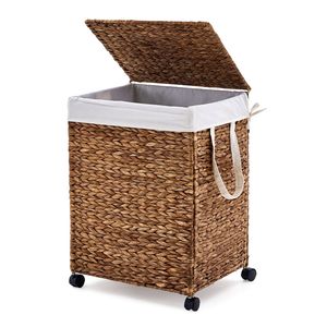 Cesto Portabiancheria Intrecciato in Giacinto d'Acqua Naturale con Coperchio e Ruote - Product Image 1