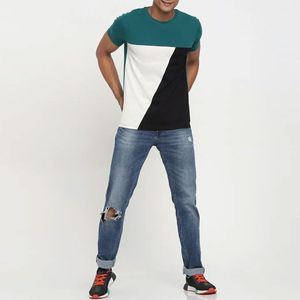 Camiseta Deportiva de Punto Transpirable para Hombre, Cuello Redondo, Manga Corta, Ajuste Delgado, Diseño Geométrico con Bloques de Color - Product Image 3