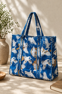 Blue <b>Tote</b> Bag with White Crane Pattern Bohemian Style Beach Bag <b>Zip</b> Closure All Seasons Use Quilted <b>Tote</b> Bag Jaipuri Pattern - Product Image 5