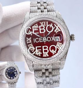 Montre-bracelet en acier inoxydable avec cadran en verre entièrement serti de moissanite, étanche 10 bars, fermoir de bracelet, diamant rouge - Product Image 1