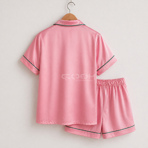 Cosh International Custom Logo Women's Pink Satin Short Sleeve Pajama Set With <b>Green</b> Trim Button Front Classic Style Summer Wear - Product Image 5