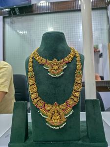 Parure de bijoux de mariée antique en or massif 22 carats, collier indien long Rani Haar Lakshmi avec pendentif, idéal pour mariage et fiançailles - Product Image 3