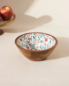 Tazón de Madera de Mango Ecológico Hecho a Mano con Diseño Floral en Acuarela Rosa y Blanca, Estilo Rústico, para Servir Ensaladas - Product Image 1