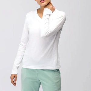 T-shirt décontracté pour femme en coton biologique 100 % écologique, respirant, à séchage rapide, non tissé, col en V uni, avec logo - Product Image 2