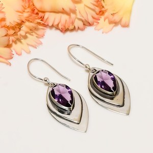 Purple Amethyst Gemstone <b>Earrings</b> 925 Sterling Silver Drop Trendy Wedding Engagement Jewelry Handmade Gift for Women - Product Image 2