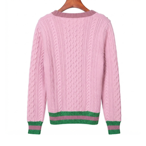 <b>Custom</b> Pink Knitted Women's Cardigan Anti-Pilling Embroidered Logo Contrast Color Trim O-Neck Long Sleeve Panelled Autumn - Product Image 2