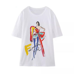 Camiseta Blanca de Manga Corta para Mujer, con Estampado de Chica a la Moda Pintado a Mano, Corte Holgado, Cuello Redondo, Informal, de Algodón Jersey, para Primavera/Verano - Product Image 1
