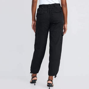 Women's <b>High</b> <b>Waist</b> <b>Cargo</b> Pants Solid Black Canvas Casual Ankle-Length With Pockets Elastic <b>Waist</b> Loose Fit Autumn Style - Product Image 3