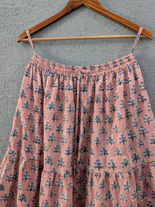 Elegant Blush Pink Floral Tiered Long <b>Skirt</b> for <b>Women</b> Handcrafted Cotton <b>Maxi</b> <b>Skirt</b> with Elastic Waist Traditional Block Print - Product Image 3