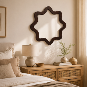 Miroir mural sculptural en bois de manguier artisanal en forme d'étoile, finition foncée, pour salon, chambre, couloir, décoration intérieure - Product Image 2
