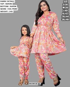 Mom & Me Rayon Foil Print <b>Kurta</b> Set With Palazzo Pants Casual Loose Fit Midi Length <b>Indian</b> Wear For Women And Kids - Product Image 1