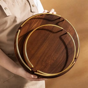 Nouveau plateau décoratif en bois rond avec poignée en métal, 2 pièces, design minimaliste, artisanat - Product Image 2