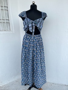 Women's Blue Floral Print Sleeveless Maxi <b>Dress</b> Square Neck Ruffle Cap Sleeves Tie Back A-Line Casual Cotton Summer <b>Dress</b> - Product Image 3