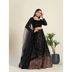 FB Noir Taille M Séquence Lourde Travail Tenue de Fête Lehenga Choli Fournitures Élégantes - Product Image 3