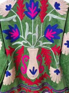 <b>Women's</b> Green Velvet <b>Embroidered</b> Floral <b>Jacket</b> Boho Zip Up Coat with Stand Collar <b>Women</b> Stand Collar <b>Jacket</b> Green Velvet Coat - Product Image 4