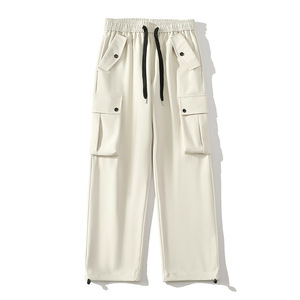 Men's White Wide Leg Pants Elastic Waist Knitted Spandex Nylon Casual Autumn Wear Breathable Midweight <b>Plain</b> Dyed OEM Service - Product Image 1