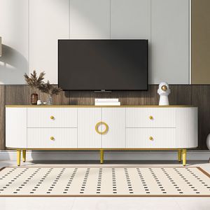 Meuble TV moderne pour téléviseurs jusqu'à 80 pouces, centre de divertissement avec 4 tiroirs et 1 armoire, table console en bois avec pieds en métal - Product Image 1