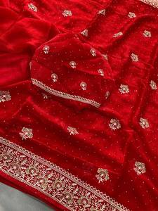 Luxury <b>Red</b> Georgette <b>Saree</b> Silver Embroidery Border Women Party Wear Designer Indian Blouse Wedding Collection Stretchable - Product Image 3