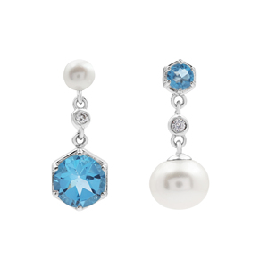 Pendientes de Plata de Ley 925 con Topacio Azul Hexagonal y Perla en Engaste de Bisel, Joyería Clásica para Boda - Product Image 1