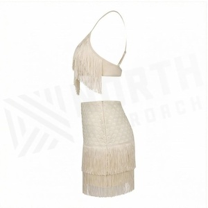 Cream 2 Piece Set Crossed Halter <b>Top</b> With Tassel And <b>Fringe</b> Skirt Women's Beachwear - Product Image 3