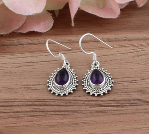 Amethyst Gemstone Cabochon Drop <b>Earring</b> 925 Sterling <b>Silver</b> Handmade Vintage Luxury <b>Wedding</b> Jewelry Anniversary Party - Product Image 1
