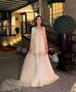 Ivory White <b>Kurta</b> Palazzo Suit Set Natural Crape Thread With Sequence Embroidery Work Top and Palazzo With Organza <b>Silk</b> Dupatta - Product Image 3