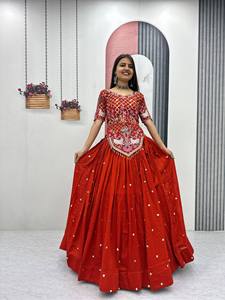 Lehenga Choli Saree de Seda Vichitra Bordada en Naranja, Ropa Moderna India y Pakistaní para Bodas, Fiestas y Diwali - Product Image 5