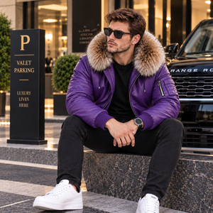 Fashion Breathable Leather <b>Bomber</b> <b>Jacket</b> for <b>Men</b> with Faux Fur Hood and Zipper Closure | Plaid Pattern Casual <b>Summer</b> <b>Jacket</b> - Product Image 5