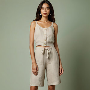 Ensemble de vêtements de bureau décontractés d'été pour femmes haut et pantalon en lin de coton pur pantalon en lin blanc pour le bureau ou les sorties décontractées - Product Image 1