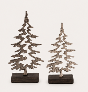 Modern Silver Aluminum Christmas <b>Tree</b> Sculpture Set Of 2 <b>Tabletop</b> Silhouette Holiday Figurine With Wooden Base For Home & Office - Product Image 3