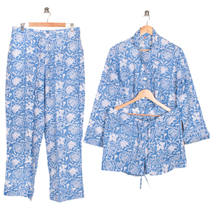 ชุดนอนผ้าฝ้ายทอลายดอกไม้สีฟ้าขาว ชุดลำลองเอวผูกเชือก ชุดนอนขายาว - Product Image 6
