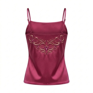 Elegant Women's Silk Satin Camisole Spaghetti Strap <b>Beaded</b> Embroidered Scoop Neck <b>Top</b> Solid Color Nightwear - Product Image 2