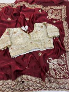 Designer Thread And Sequence Work Space Satin <b>Saree</b> Paired With Embroidery Work Fully Stitched Ready To Wear Blouse - Product Image 1
