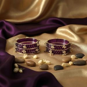 Bright Blue <b>Gold</b> Plated Trendy Glass Kashmiri <b>Bangles</b> with Pearl Detailing for Wedding & Traditional Wear at Wholesale Price - Product Image 3