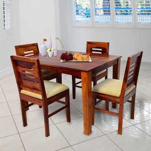 Premium Solid Wood 4 Seater <b>Dining</b> Table Set Honey Finish with Upholstered Cushioned <b>Chairs</b> Wooden <b>Dining</b> Room Furniture - Product Image 6