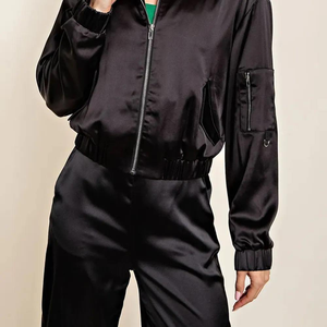 Blouson Bomber en Soie Noire Col Montant Manches Longues Coupe Ample Décontractée Couleur Unie Tissu Fin Unisexe Idéal Printemps - Product Image 5