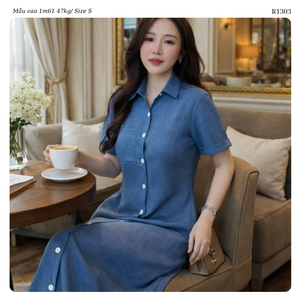 Women’s Cotton Off Shoulder Button Down Midi <b>Dress</b> with Short <b>Sleeves</b> Straight Relaxed Silhouette for Summer Casual Wear - Product Image 2