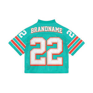 Crop top de football américain personnalisé en maille 100% polyester, respirant, impression par sublimation, broderie, col en V, sans bretelles, manches courtes - Product Image 6