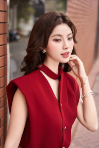 Blusa Roja sin Mangas para Mujer, Cuello Mandarín, Botones al Frente, Satén Elegante, para Oficina, Color Sólido, Corte Regular, MIRANDA - Product Image 4