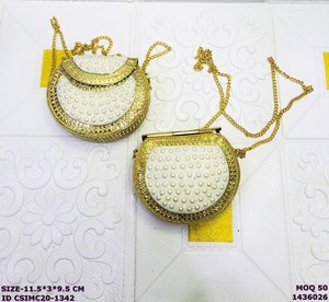 Elegant Pearl Beaded Metal <b>Clutch</b> Bag <b>Gold</b> Chain | Craftstages International Bridal Wedding Party Handbag for Women Made Delhi - Product Image 1