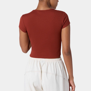 Women <b>Red</b> <b>Crop</b> <b>Top</b> O Neck Short Sleeve Slim Fit Knitted Casual T Shirt Solid Color Breathable for Spring Summer Wear Comfortable - Product Image 4