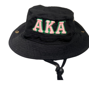 AKA <b>Black</b> <b>Boonie</b> <b>Hat</b> Pink Embroidered Letter Wide Brim Outdoor Adjustable Cotton Headwear Casual Fashion Sun Protection <b>Hat</b> - Product Image 1