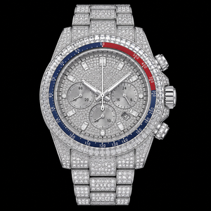Reloj de Hombre Plateado con Incrustaciones Brillantes, Bisel Azul y Rojo, Tres Subesferas, Visualización de Fecha, Reloj de Lujo, Estilo Brillante - Product Image 1