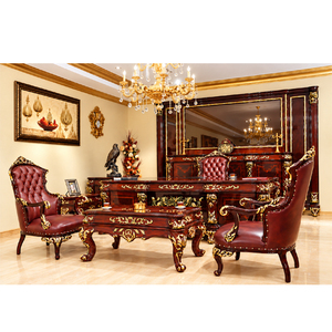 Muebles de Oficina de Diseño Francés de Lujo con Toque Antiguo, Juego de Escritorio de Oficina de Madera Hecho a Mano con Tallado Dorado y Detalles Rojos - Product Image 1