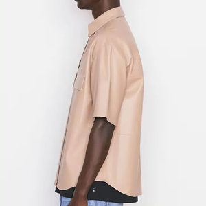 Chemise en cuir pour homme, col montant, manches courtes, boutons-pression, poches plaquées, grande taille, style streetwear, collection Printemps 2026, qualité supérieure, OEM - Product Image 4