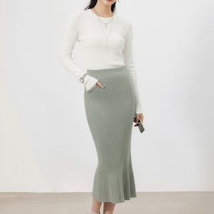 Jupe midi évasée en maille côtelée taille haute décontractée pour femme, matière douce et élastique, écologique, personnalisation de marque, vente en gros - Product Image 1