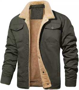 Veste safari en toile marron pour homme avec doublure en polaire, col rabattu, fermeture à boutons, style vêtements de travail, vêtements d'hiver - Product Image 3