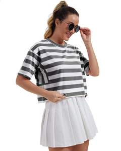 Camiseta Corta a Rayas para Mujer, Corte Holgado, Manga Corta, Informal, Verano, Algodón Suave, Estilo Urbano - Product Image 4